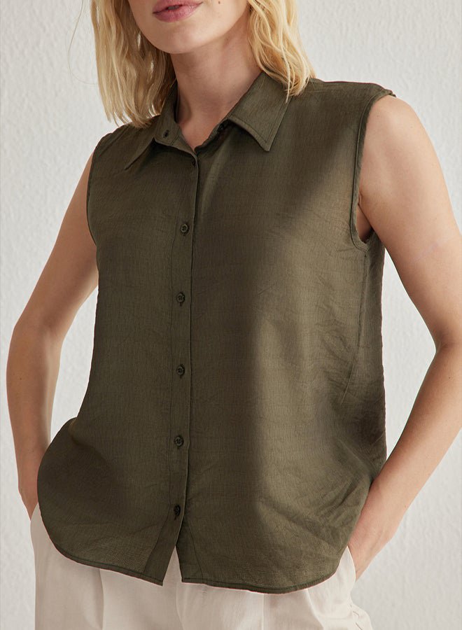أطقم وملابس متنوعة khaki zero sleeve linen look regular regular pattern woven shirt